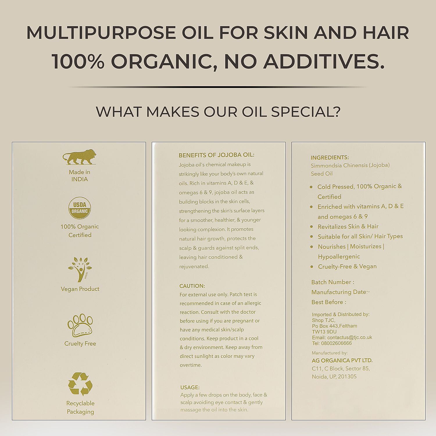 Sqin Botanicals - 100% Organic Cold Pressed Natural Jojoba Oil  200ml