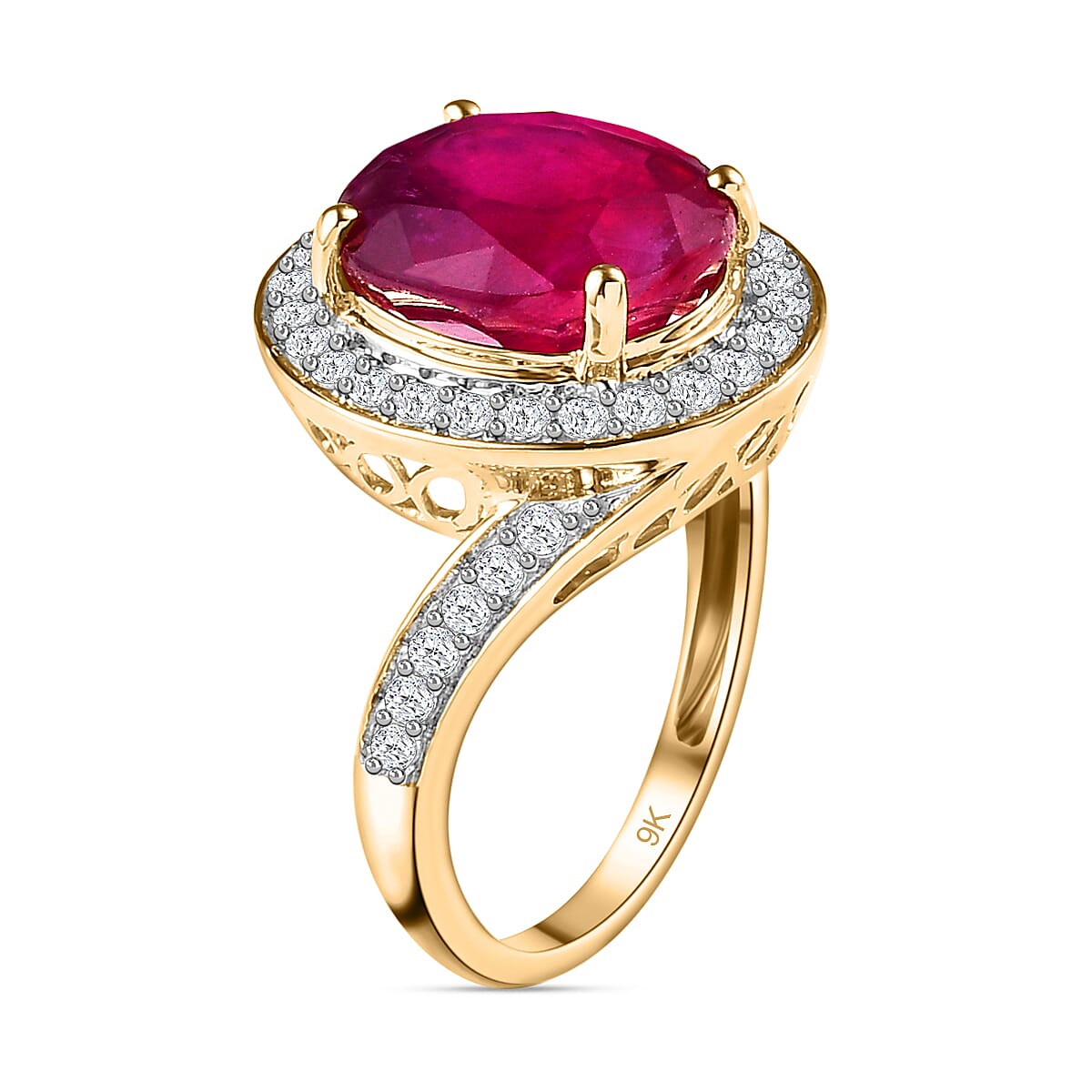 9K Yellow Gold African Ruby & Moissanite Bypass Ring 7.08 Ct. Gold Wt. 3.11 gms