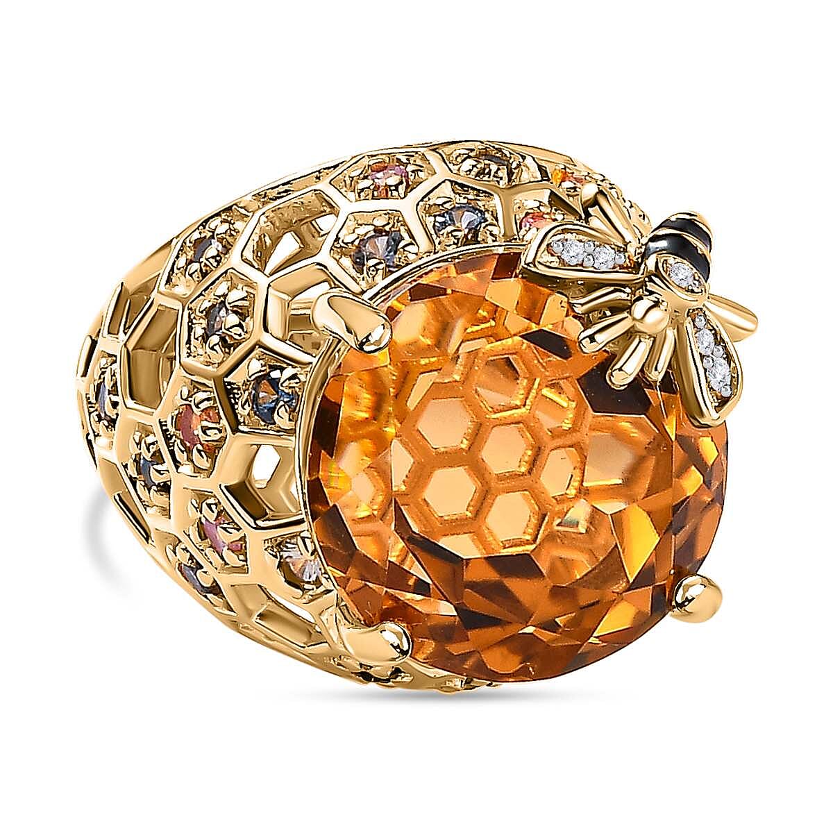 GP Honey Comb Collection - Citrine, Multi Sapphire & Natural Zircon Enamelled Ring in 18K Vermeil Yellow Gold Plated Sterling Silver 15.16 Ct, Silver Wt. 8.20 GM