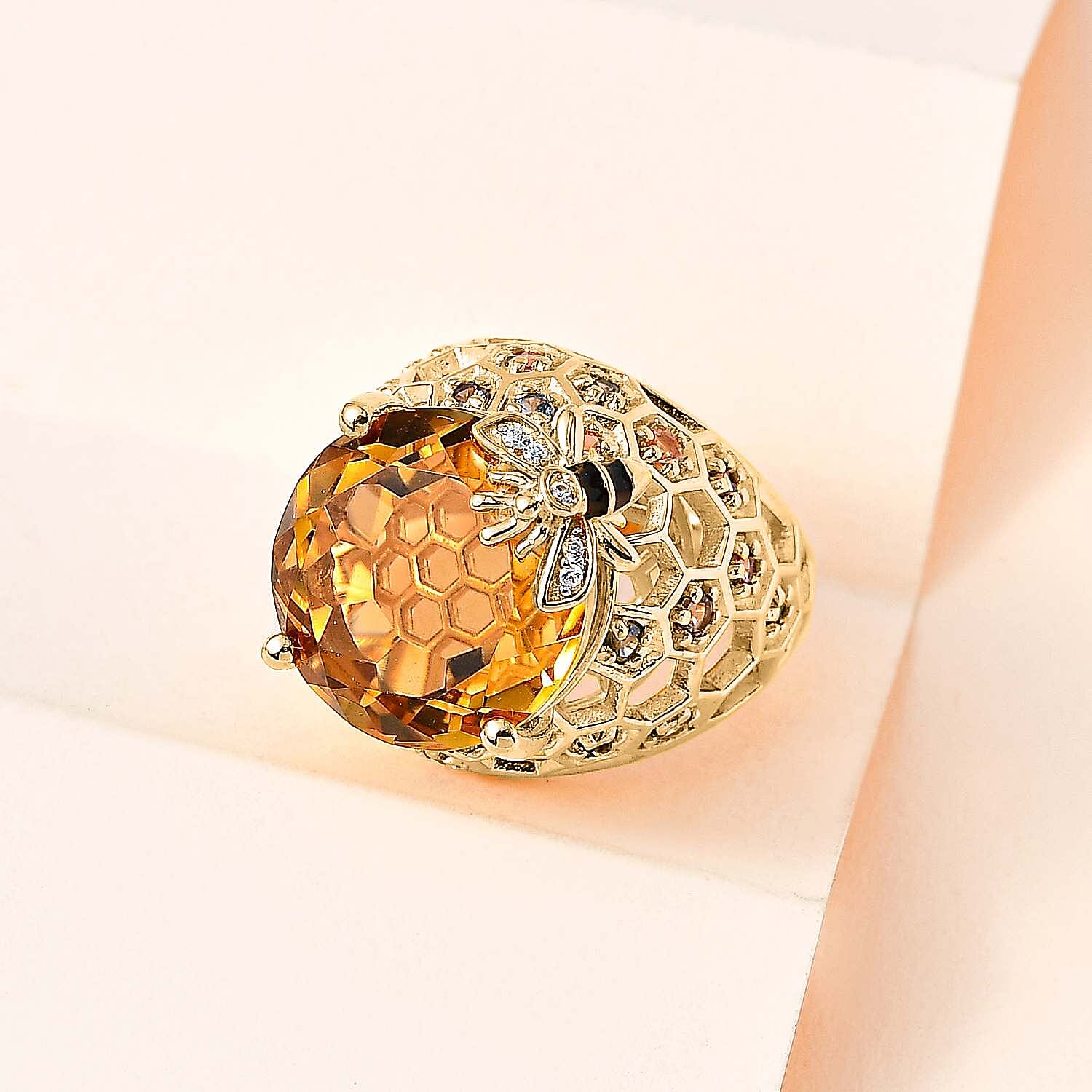GP Honey Comb Collection - Citrine, Multi Sapphire & Natural Zircon Enamelled Ring in 18K Vermeil Yellow Gold Plated Sterling Silver 15.16 Ct, Silver Wt. 8.20 GM