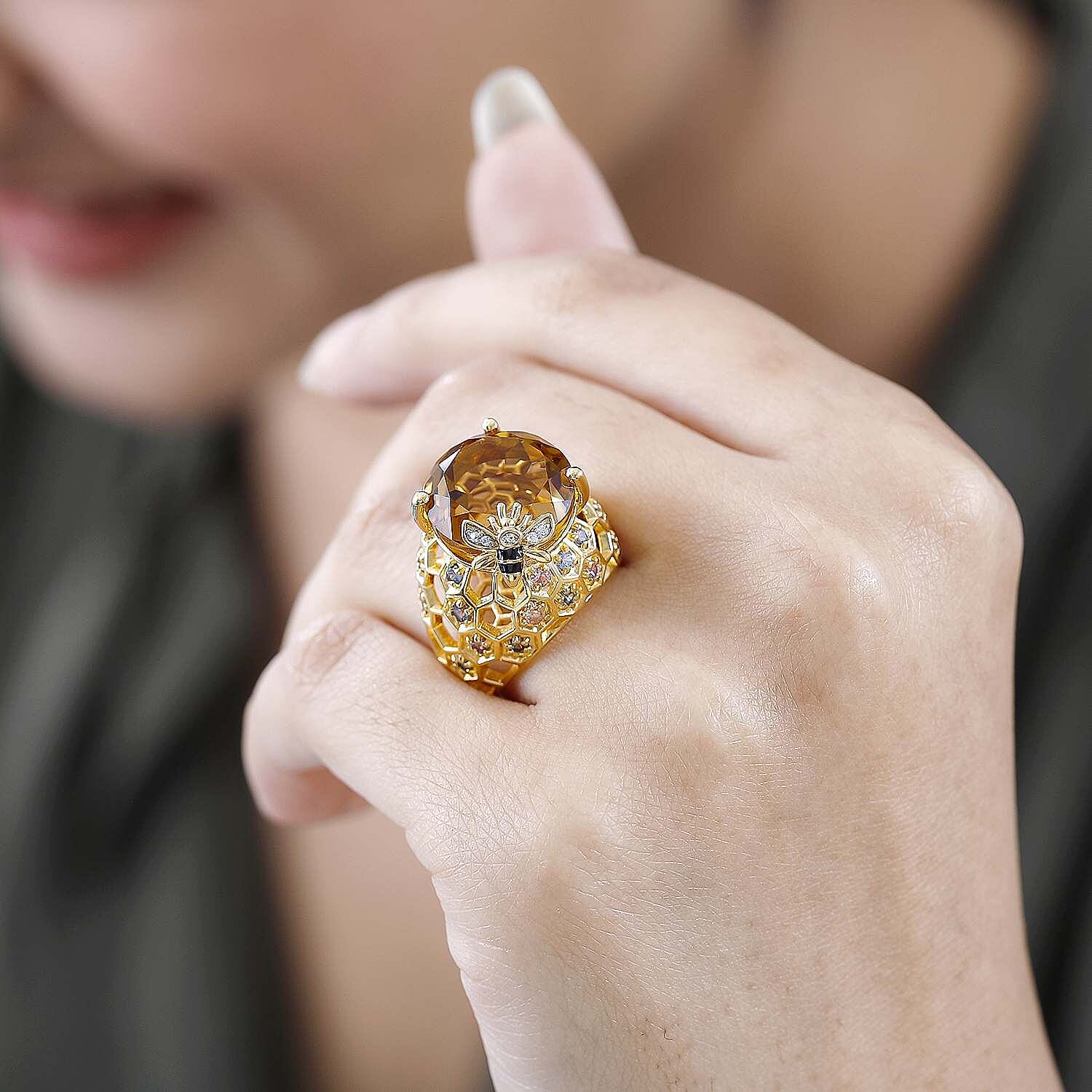 GP Honey Comb Collection - Citrine, Multi Sapphire & Natural Zircon Enamelled Ring in 18K Vermeil Yellow Gold Plated Sterling Silver 15.16 Ct, Silver Wt. 8.20 GM