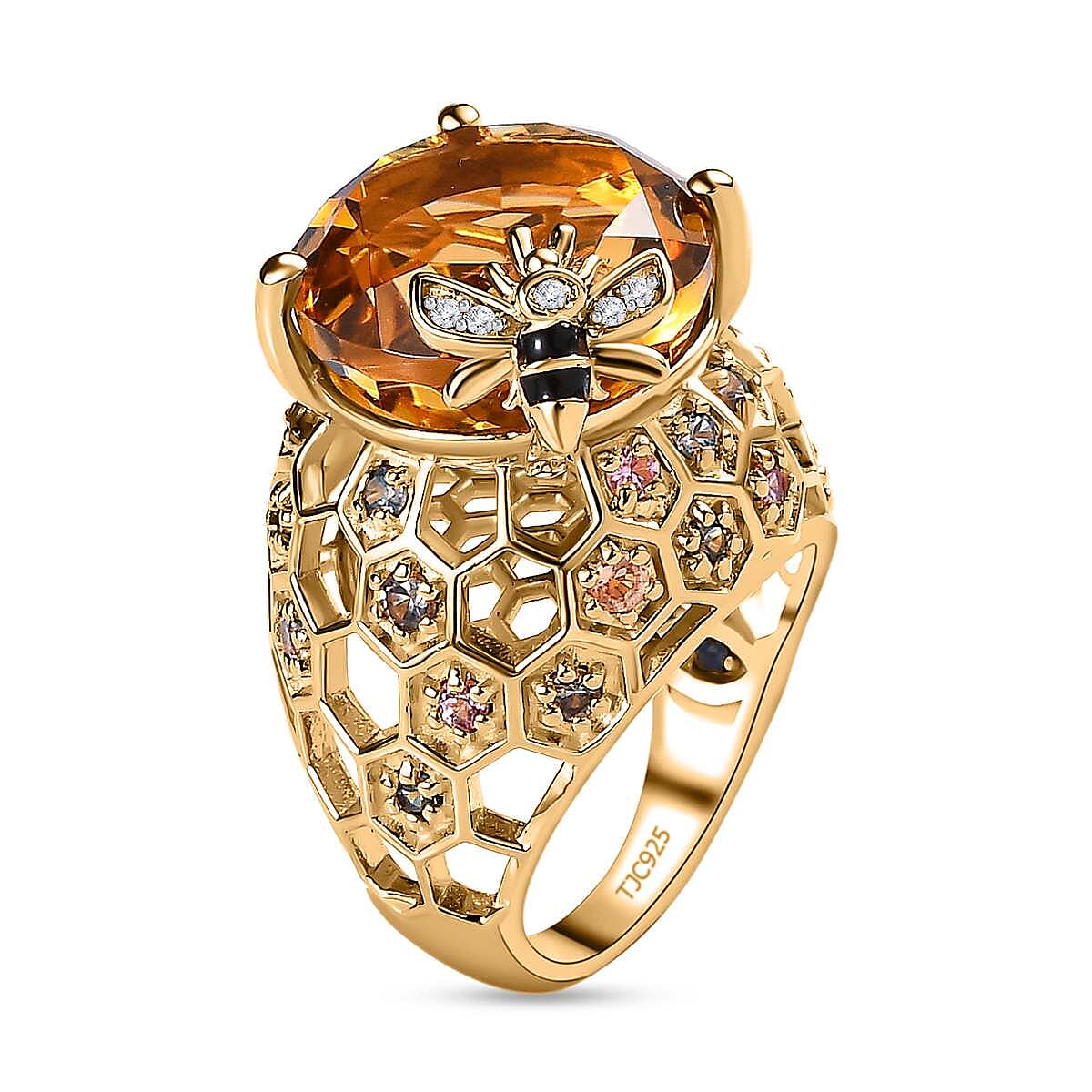 GP Honey Comb Collection - Citrine, Multi Sapphire & Natural Zircon Enamelled Ring in 18K Vermeil Yellow Gold Plated Sterling Silver 15.16 Ct, Silver Wt. 8.20 GM