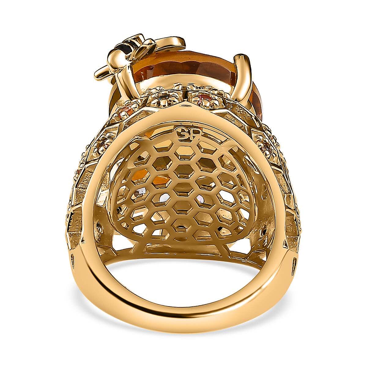 GP Honey Comb Collection - Citrine, Multi Sapphire & Natural Zircon Enamelled Ring in 18K Vermeil Yellow Gold Plated Sterling Silver 15.16 Ct, Silver Wt. 8.20 GM