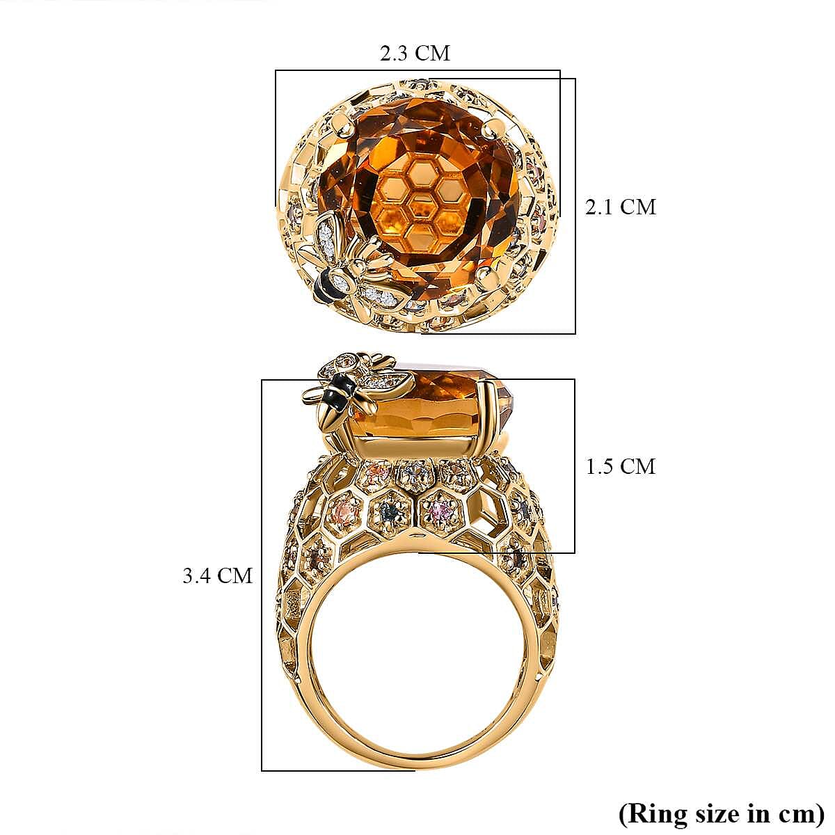 GP Honey Comb Collection - Citrine, Multi Sapphire & Natural Zircon Enamelled Ring in 18K Vermeil Yellow Gold Plated Sterling Silver 15.16 Ct, Silver Wt. 8.20 GM
