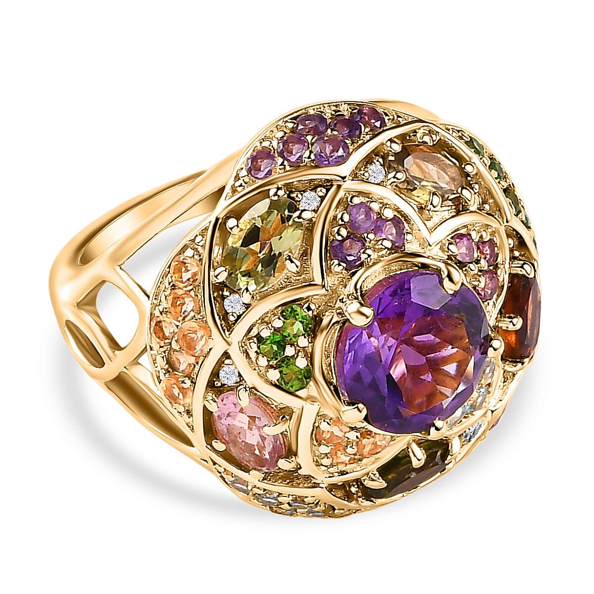 GP Italian Garden Collection - Amethyst & Multi Gemstone Ring in 18K Vermeil Yellow Gold Plated Sterling Silver 4.00 Ct, Silver Wt. 7.44 Gms