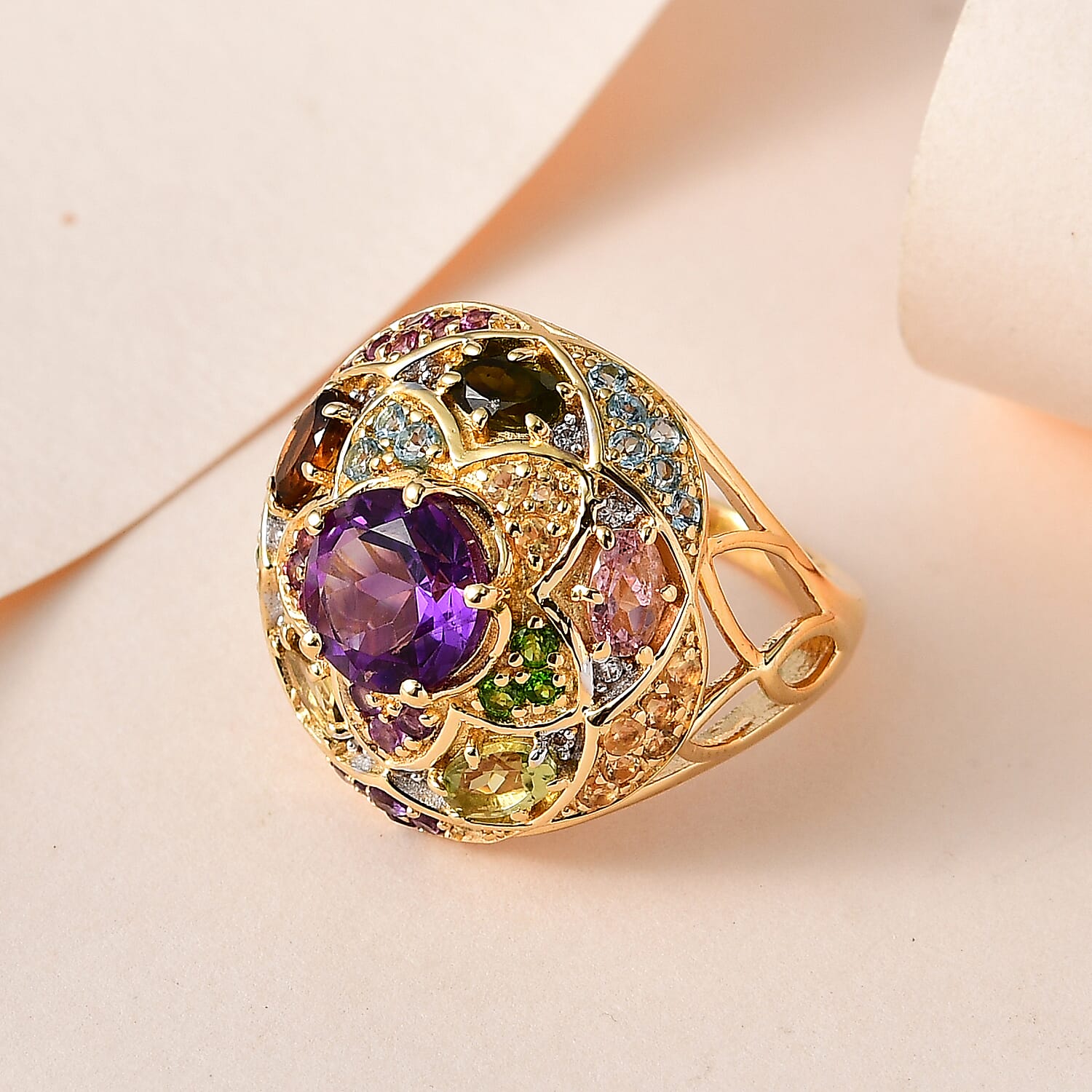 GP Italian Garden Collection - Amethyst & Multi Gemstone Ring in 18K Vermeil Yellow Gold Plated Sterling Silver 4.00 Ct, Silver Wt. 7.44 Gms