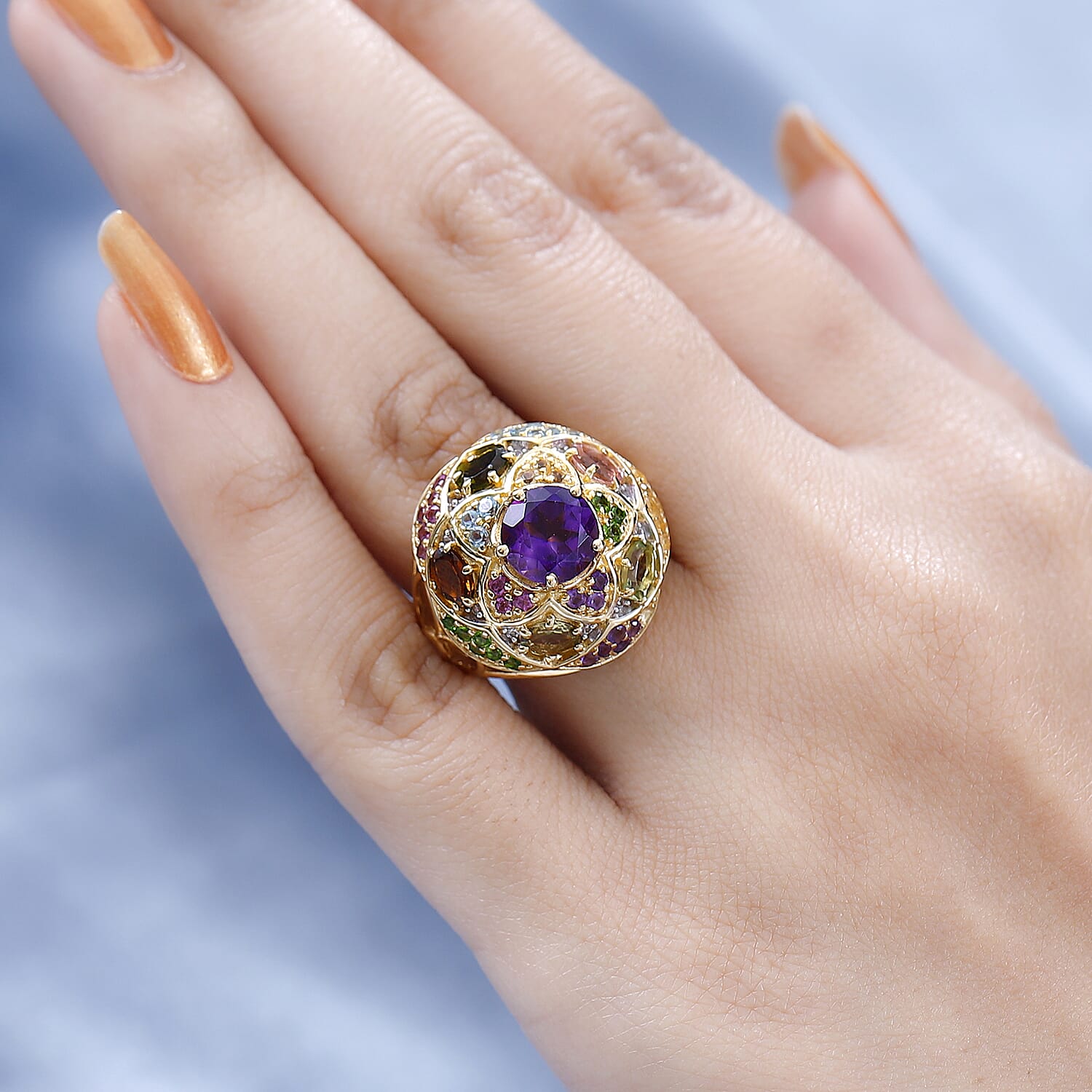 GP Italian Garden Collection - Amethyst & Multi Gemstone Ring in 18K Vermeil Yellow Gold Plated Sterling Silver 4.00 Ct, Silver Wt. 7.44 Gms