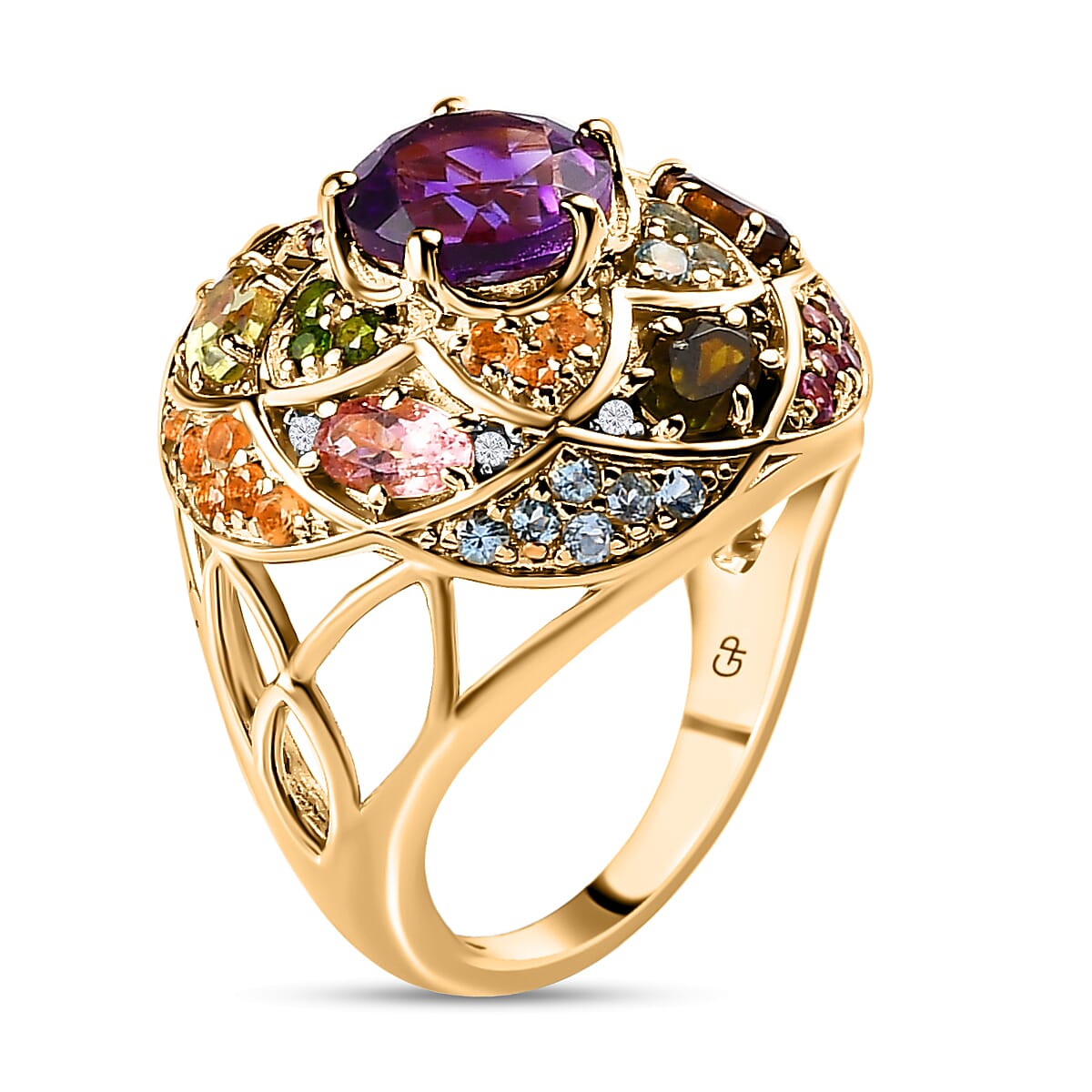 GP Italian Garden Collection - Amethyst & Multi Gemstone Ring in 18K Vermeil Yellow Gold Plated Sterling Silver 4.00 Ct, Silver Wt. 7.44 Gms