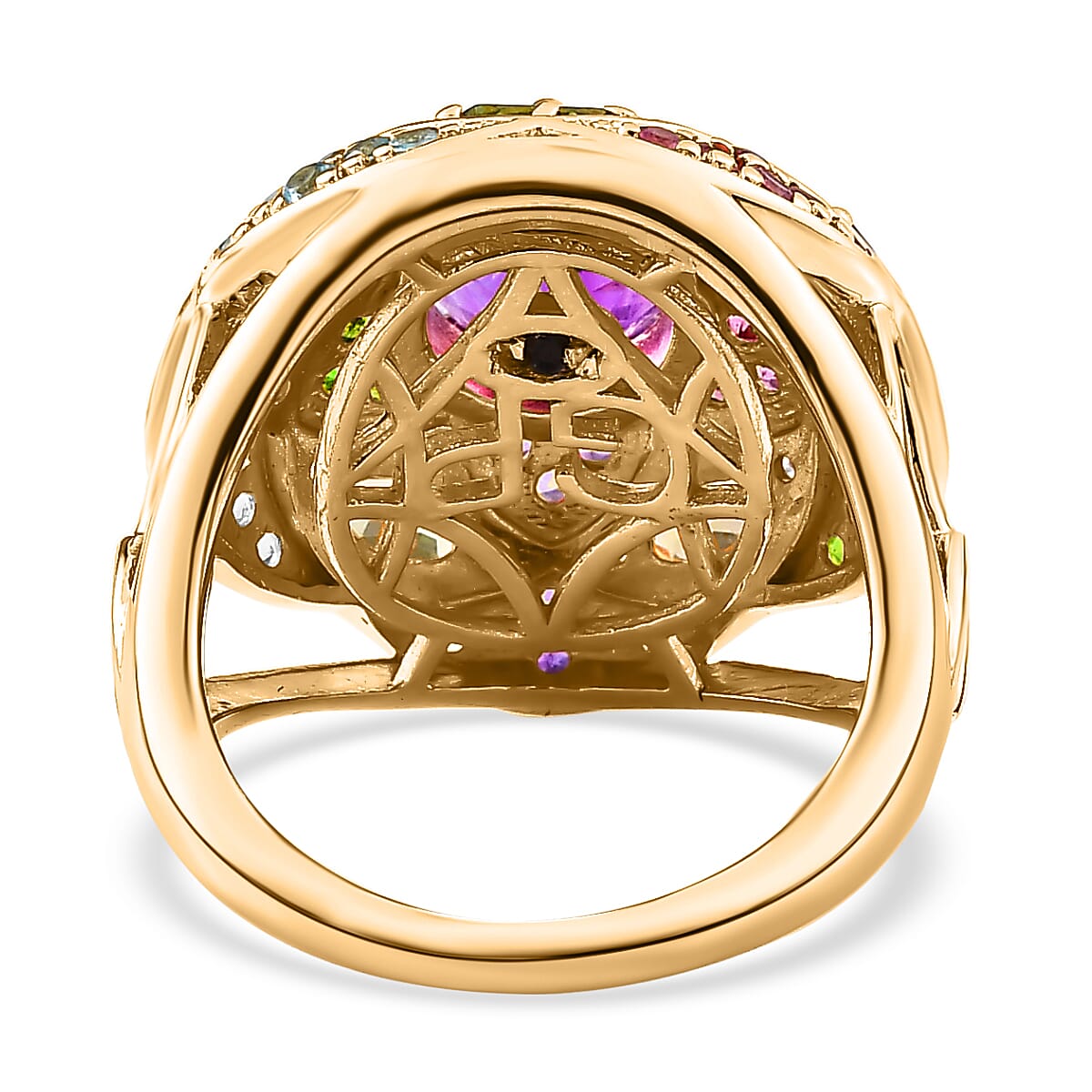 GP Italian Garden Collection - Amethyst & Multi Gemstone Ring in 18K Vermeil Yellow Gold Plated Sterling Silver 4.00 Ct, Silver Wt. 7.44 Gms