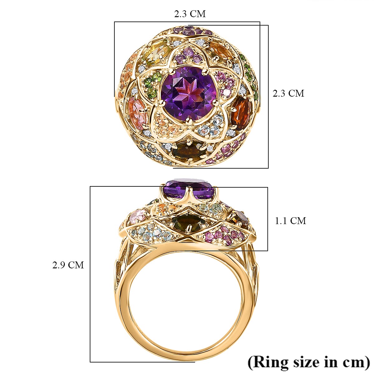 GP Italian Garden Collection - Amethyst & Multi Gemstone Ring in 18K Vermeil Yellow Gold Plated Sterling Silver 4.00 Ct, Silver Wt. 7.44 Gms