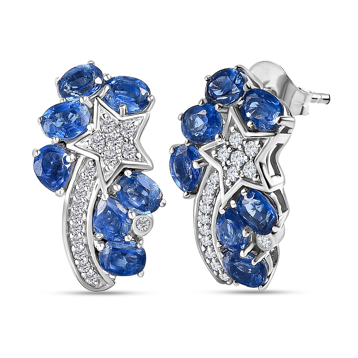 Kashmir Kyanite , Blue Sapphire , White Zircon Solitaire Stud Push Post Earring in Platinum Overlay Sterling Silver 3.95 ct 3.668 Ct.