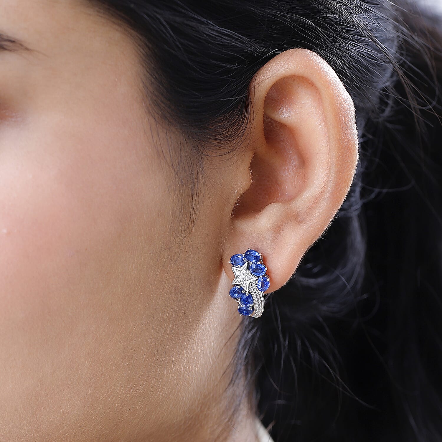 Kashmir Kyanite , Blue Sapphire , White Zircon Solitaire Stud Push Post Earring in Platinum Overlay Sterling Silver 3.95 ct 3.668 Ct.