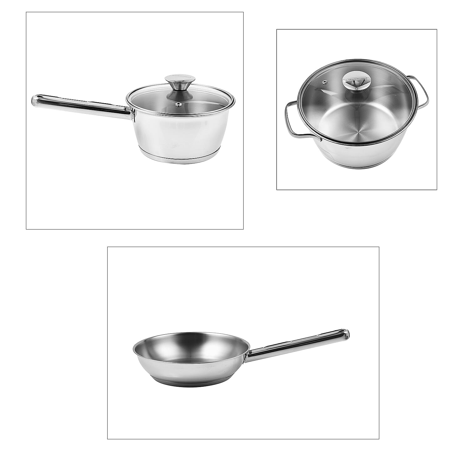 Tramontina Cookware Set - Fry Pan 16cm, Saucepan 20cm, Casserole Pot 20cm - Triple Layer Base - All Hob types (Size 20x20x16 cm) - Silver