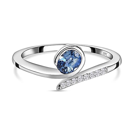 9K White Gold Blue Ceylon Sapphire & Diamond Bypass Ring 0.54 Ct 9K White Gold Blue Ceylon Sapphire & Diamond Bypass Ring 0.54 Ct