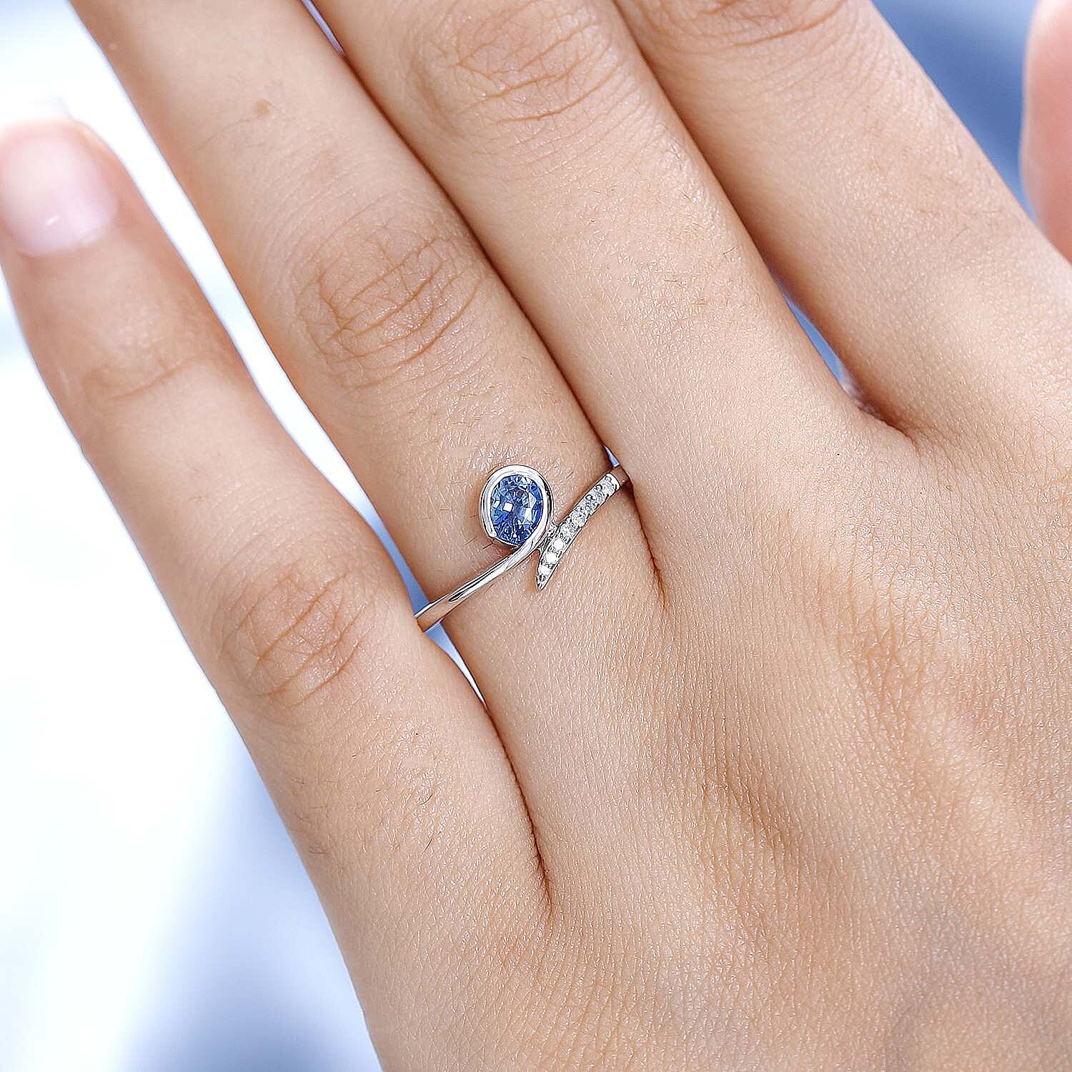 9K White Gold Blue Ceylon Sapphire & Diamond Bypass Ring 0.54 Ct