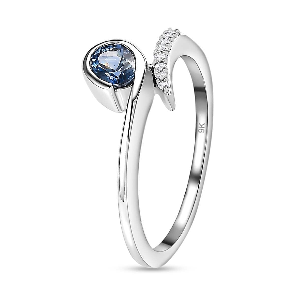 9K White Gold Blue Ceylon Sapphire & Diamond Bypass Ring 0.54 Ct