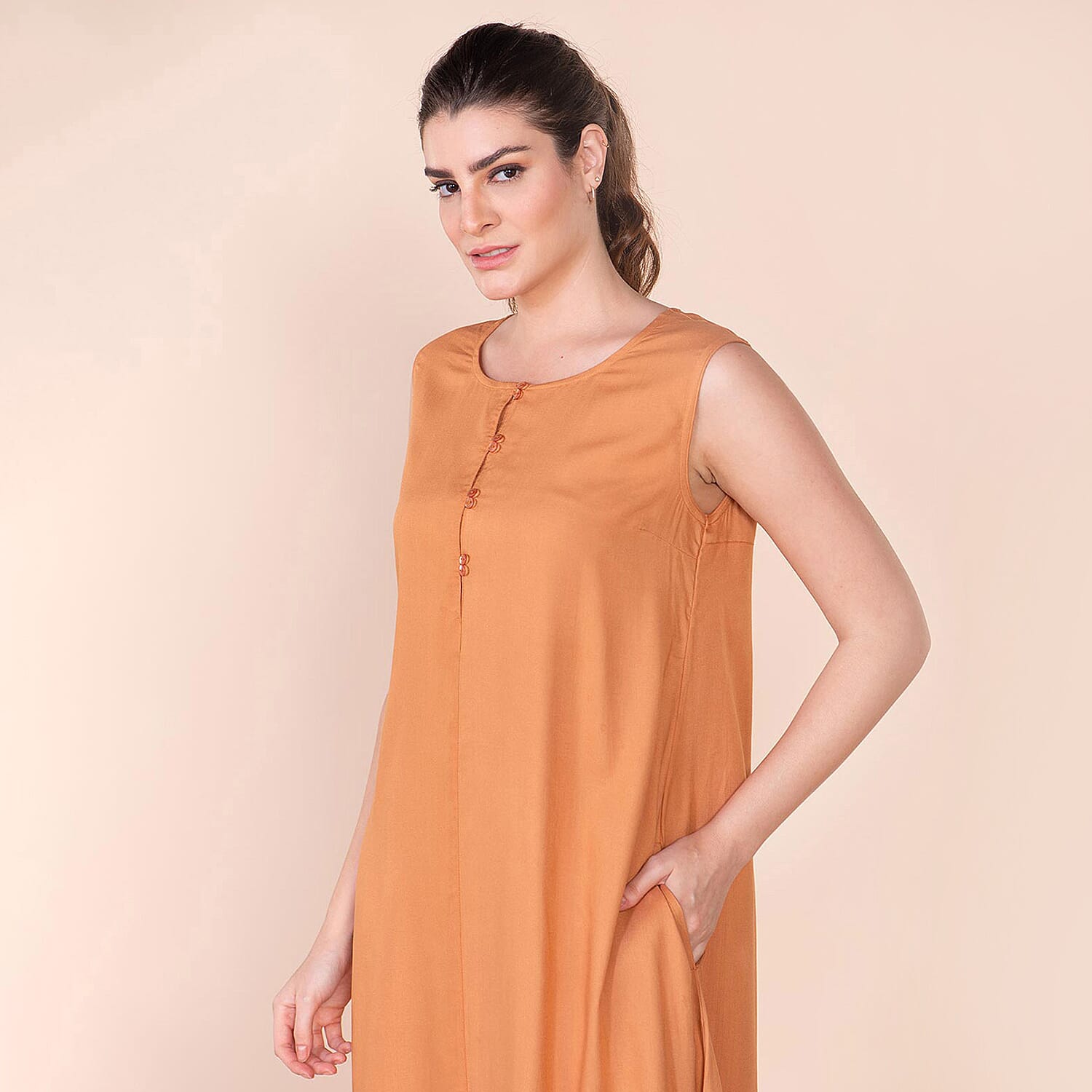 TAMSY Viscose Plain Sleeveless Dress - Orange TAMSY Viscose Plain Sleeveless Dress - Orange