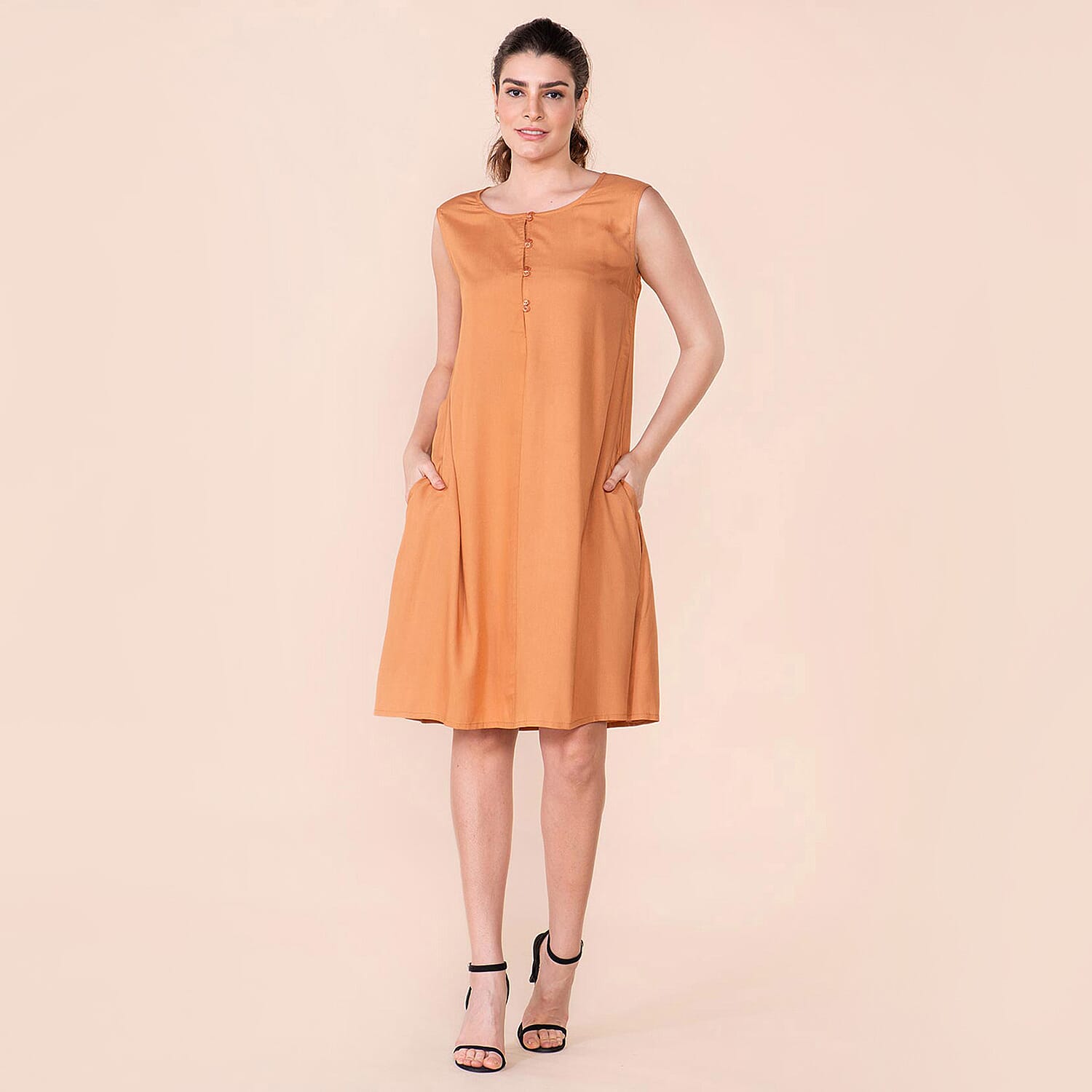 TAMSY 100% Viscose Plain Sleeveless Dress (Size 14) - Orange