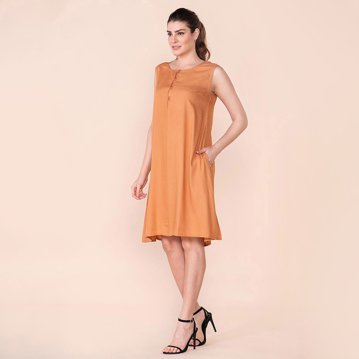 TAMSY 100% Viscose Plain Sleeveless Dress (Size 14) - Orange