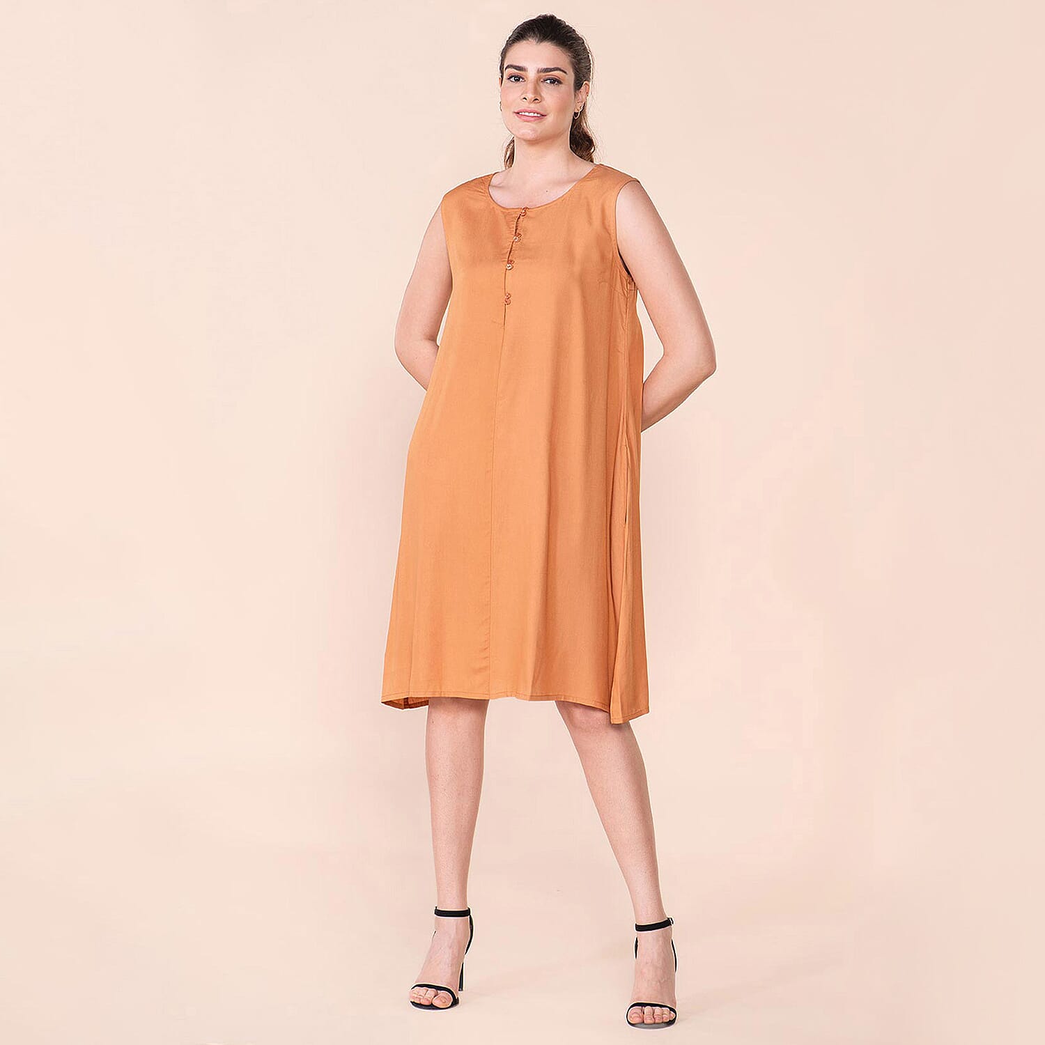 TAMSY 100% Viscose Plain Sleeveless Dress (Size 16) - Orange