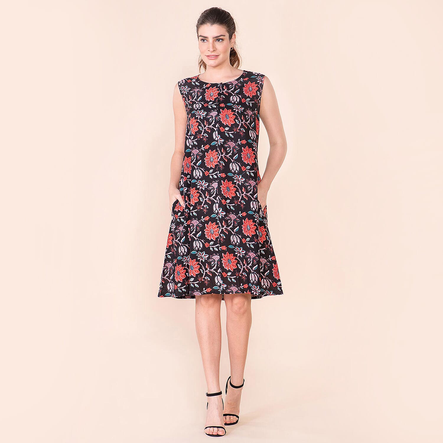 TAMSY Viscose Floral Pattern Sleeveless Dress - Navy