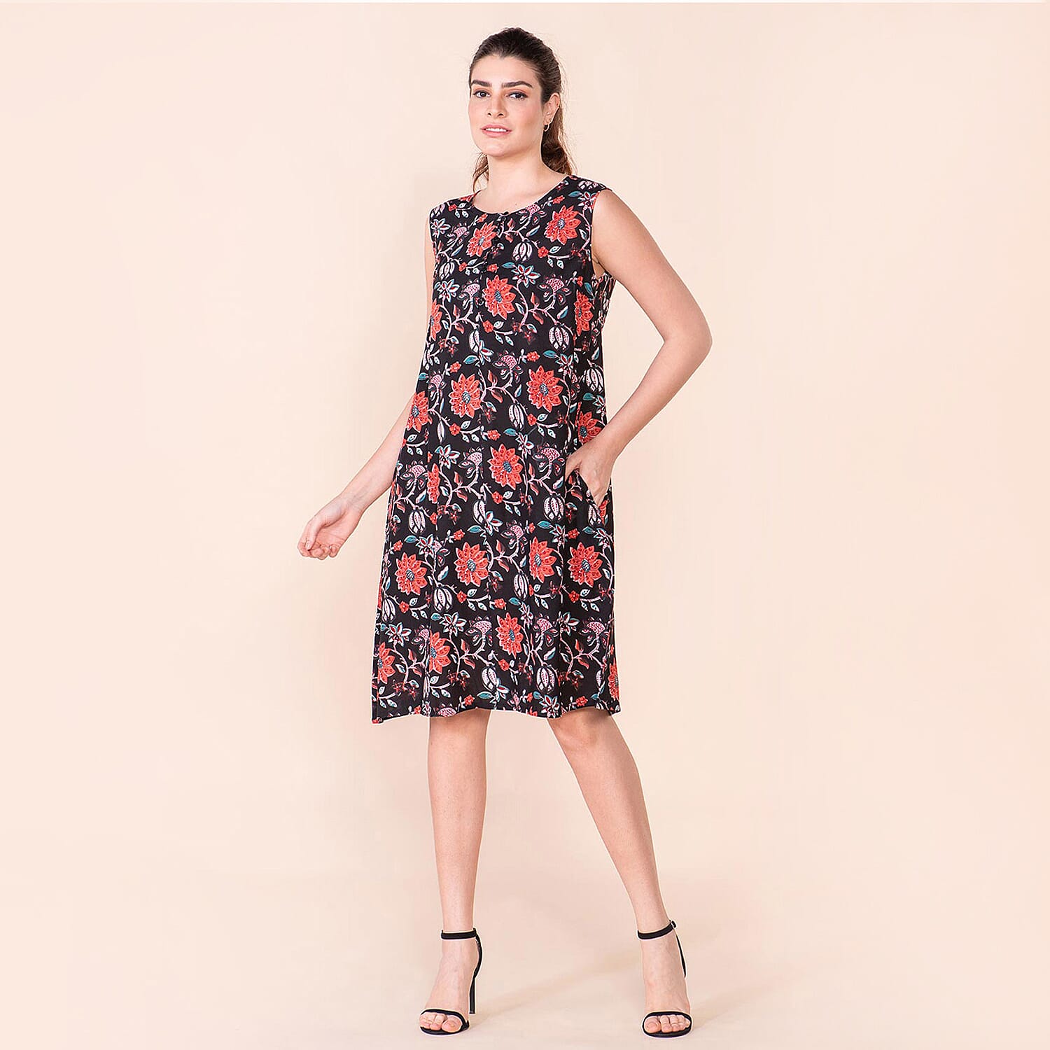 TAMSY Viscose Floral Pattern Sleeveless Dress - Navy