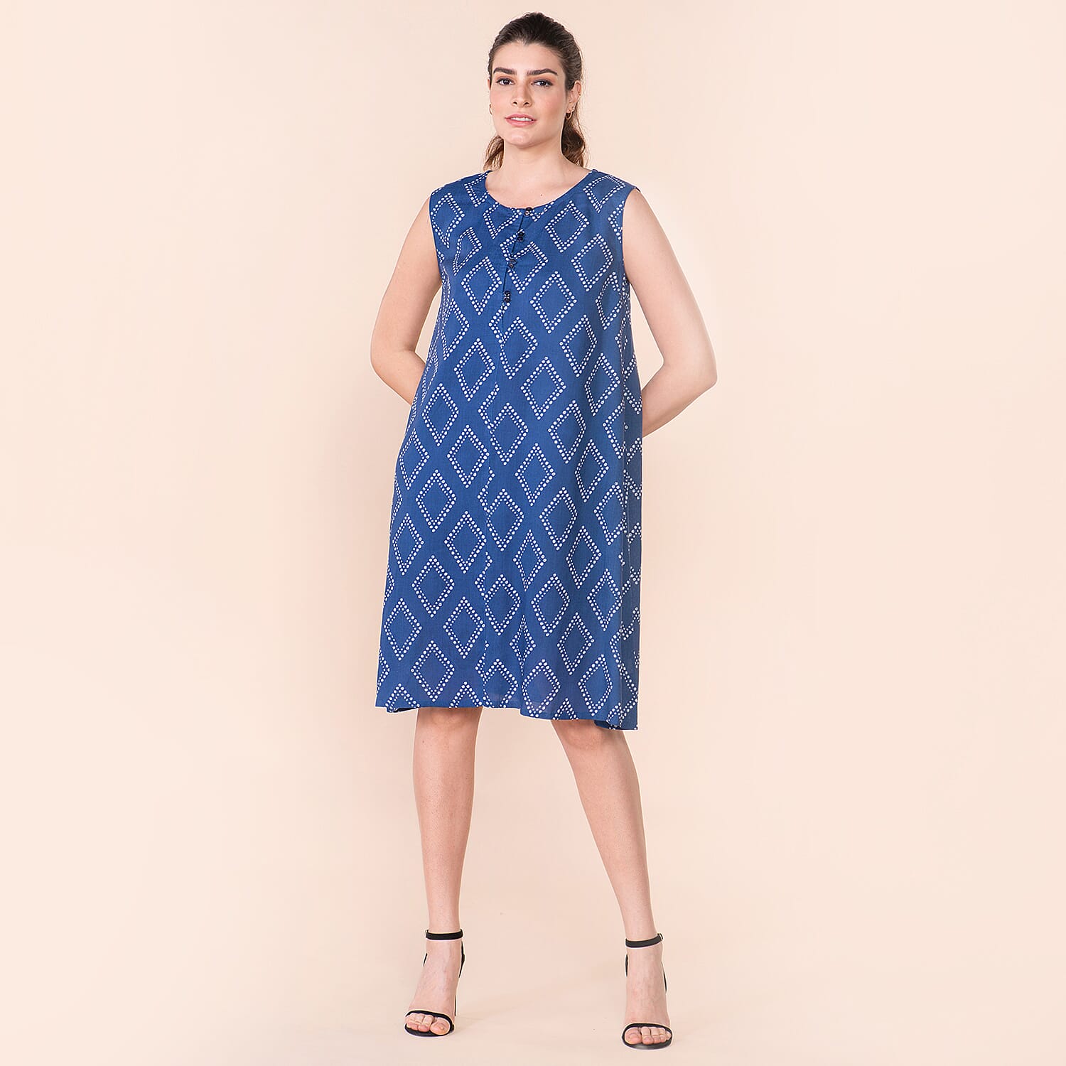 TAMSY 100% Viscose Diamond Pattern Sleeveless Dress (Size 10) - Blue