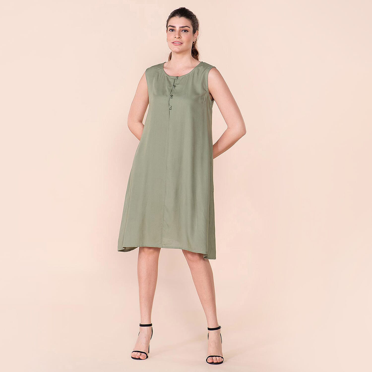 TAMSY 100% Viscose Plain Sleeveless Dress (Size 10) - Green