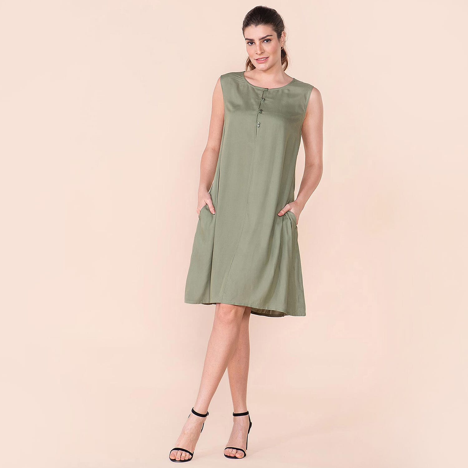 TAMSY 100% Viscose Plain Sleeveless Dress (Size 10) - Green