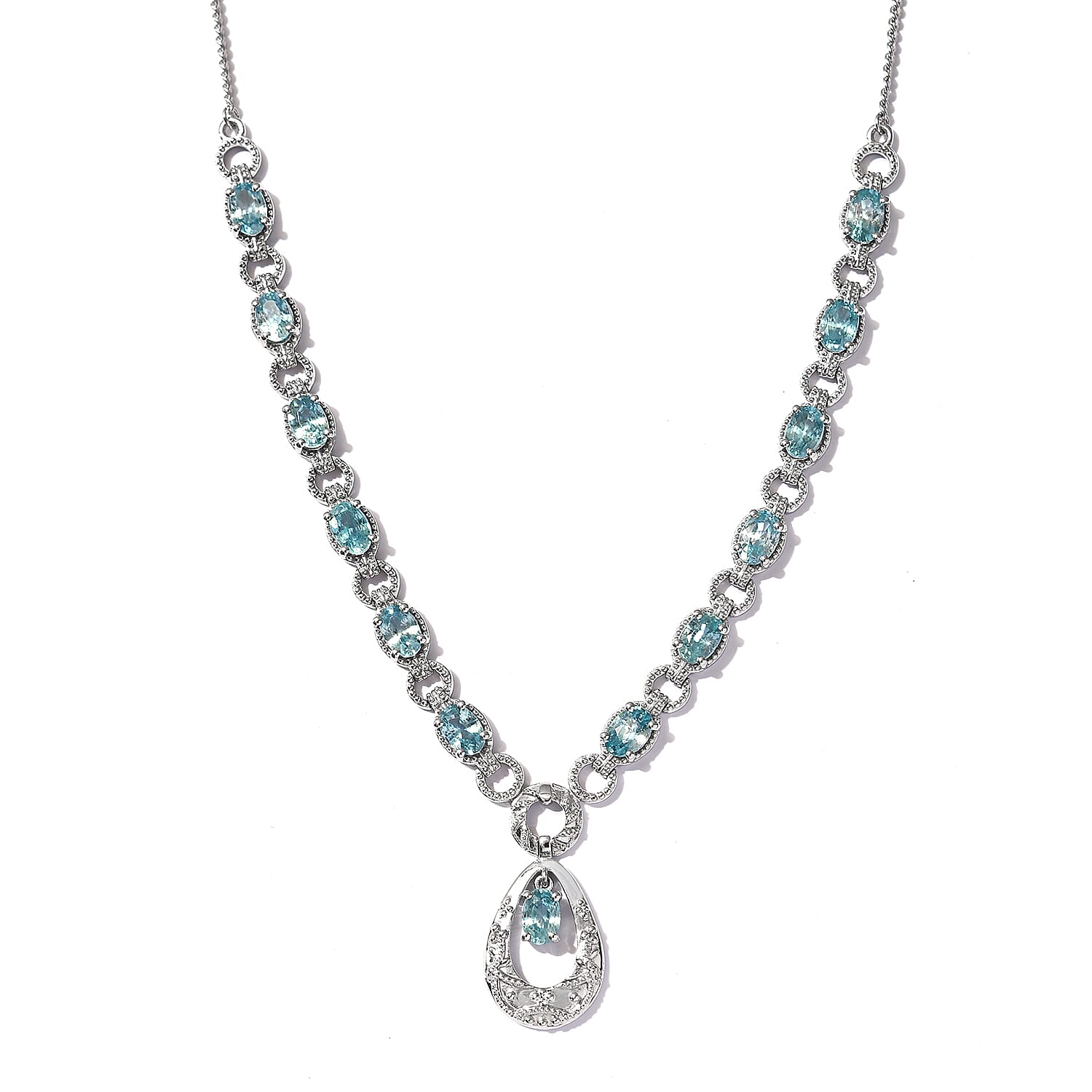 Ratanakiri Blue Zircon Necklace (Size 18) in Platinum Overlay Sterling Silver 9.59 Ct, Silver wt. 13.36 Gms