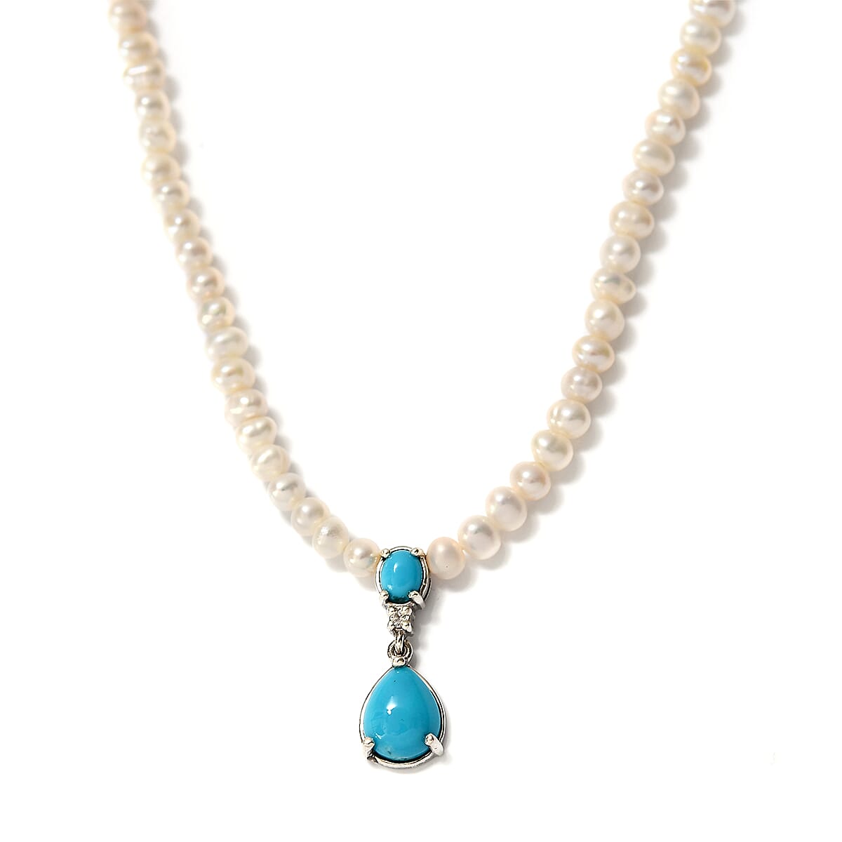 Arizona Sleeping Beauty Turquoise, Freshwater Pearl and Natural Cambodian Zircon Beads Necklace (Size - 18) in Platinum Overlay Sterling Silver 46.920 Ct