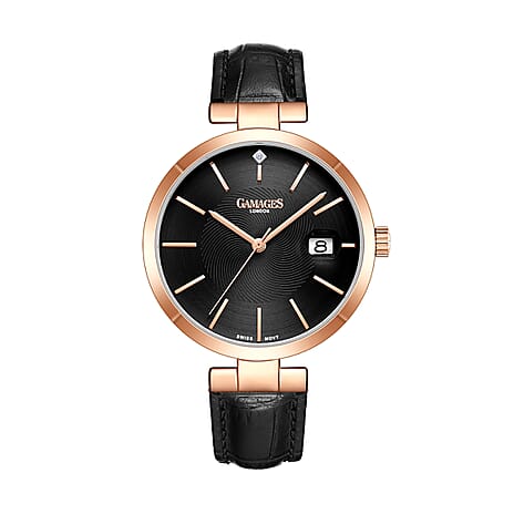 GAMAGES OF LONDON Swiss Movement Spiral Diamond Studded Watch with Black Colour Strap