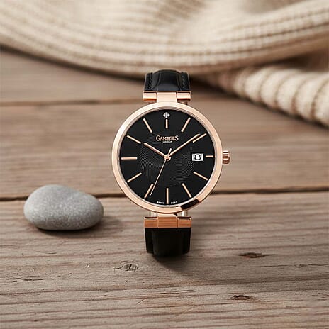 GAMAGES OF LONDON Swiss Movement Spiral Diamond Studded Watch with Black Colour Strap