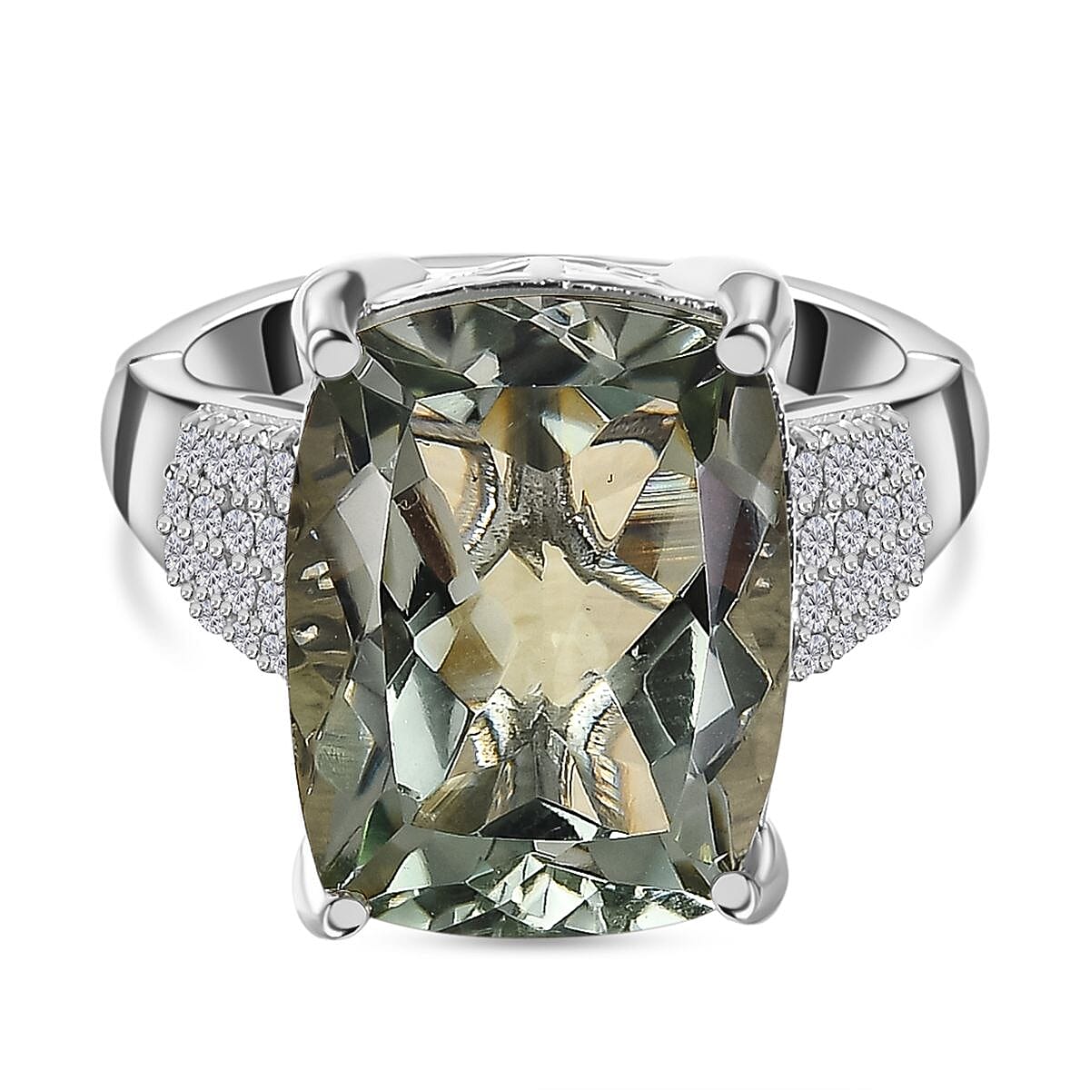 Prasiolite and Natural Zircon Ring in Platinum Overlay Sterling Silver 9.49 Ct.