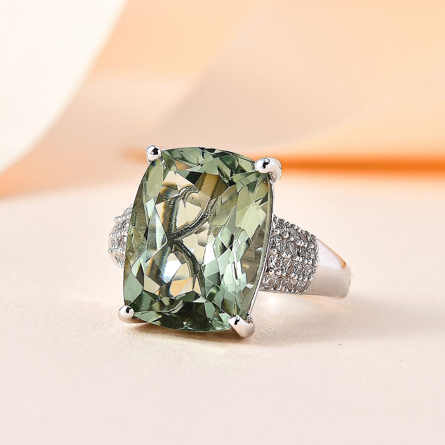 Prasiolite and Natural Zircon Ring in Platinum Overlay Sterling Silver 9.49 Ct.