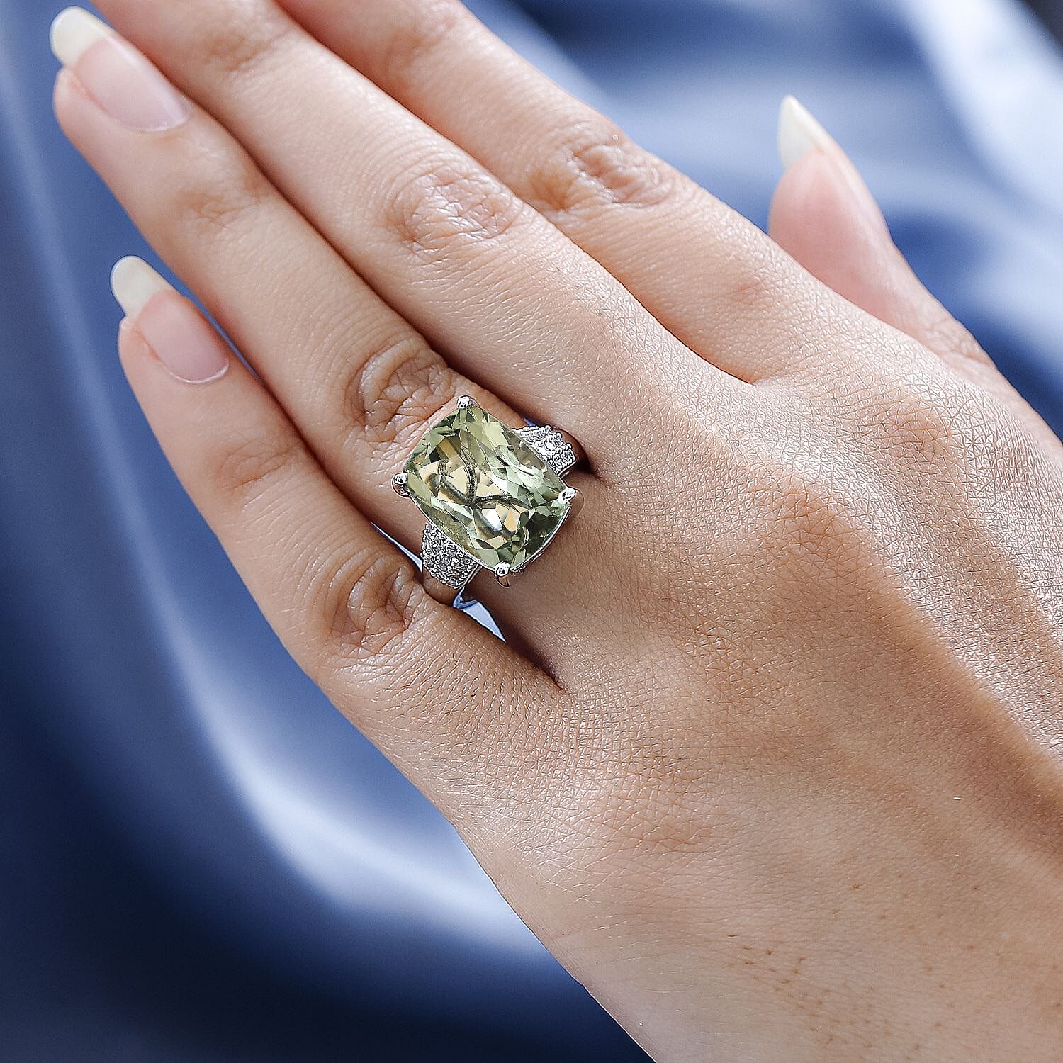 Prasiolite and Natural Zircon Ring in Platinum Overlay Sterling Silver 9.49 Ct.