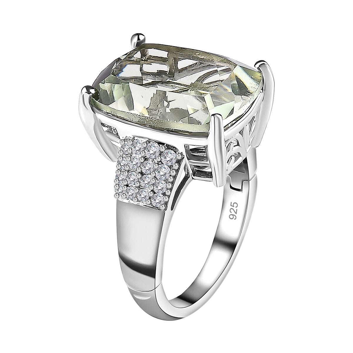 Prasiolite and Natural Zircon Ring in Platinum Overlay Sterling Silver 9.49 Ct.