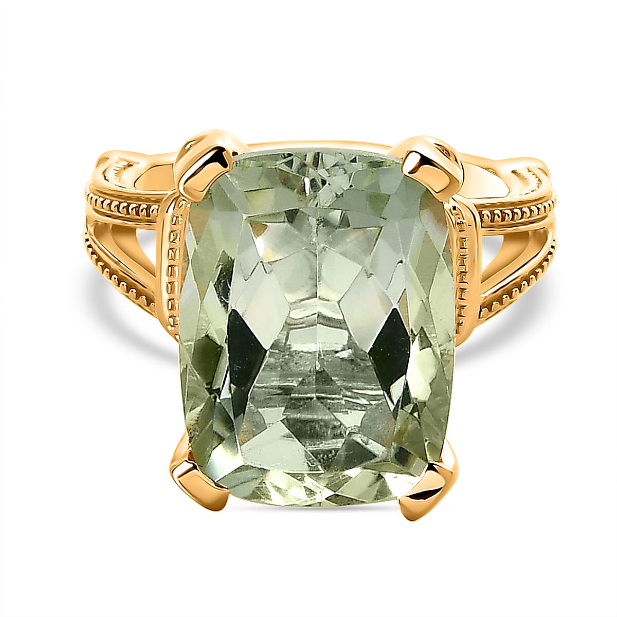 Prasiolite Ring in 18K Vermeil Yellow Gold Plated Sterling Silver 10.50 Ct, Silver Wt 5.22 Gms.