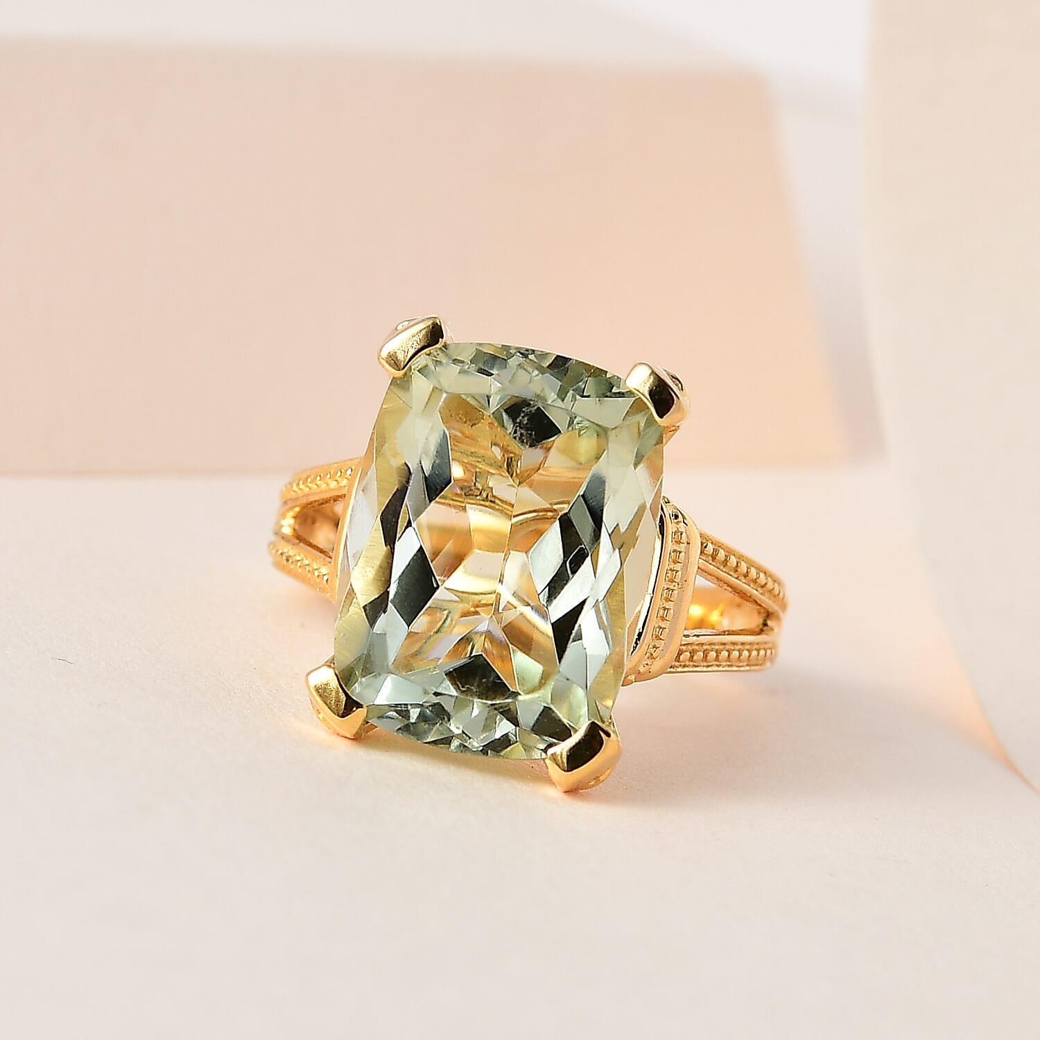 Prasiolite Ring in 18K Vermeil Yellow Gold Plated Sterling Silver 10.50 Ct, Silver Wt 5.22 Gms.