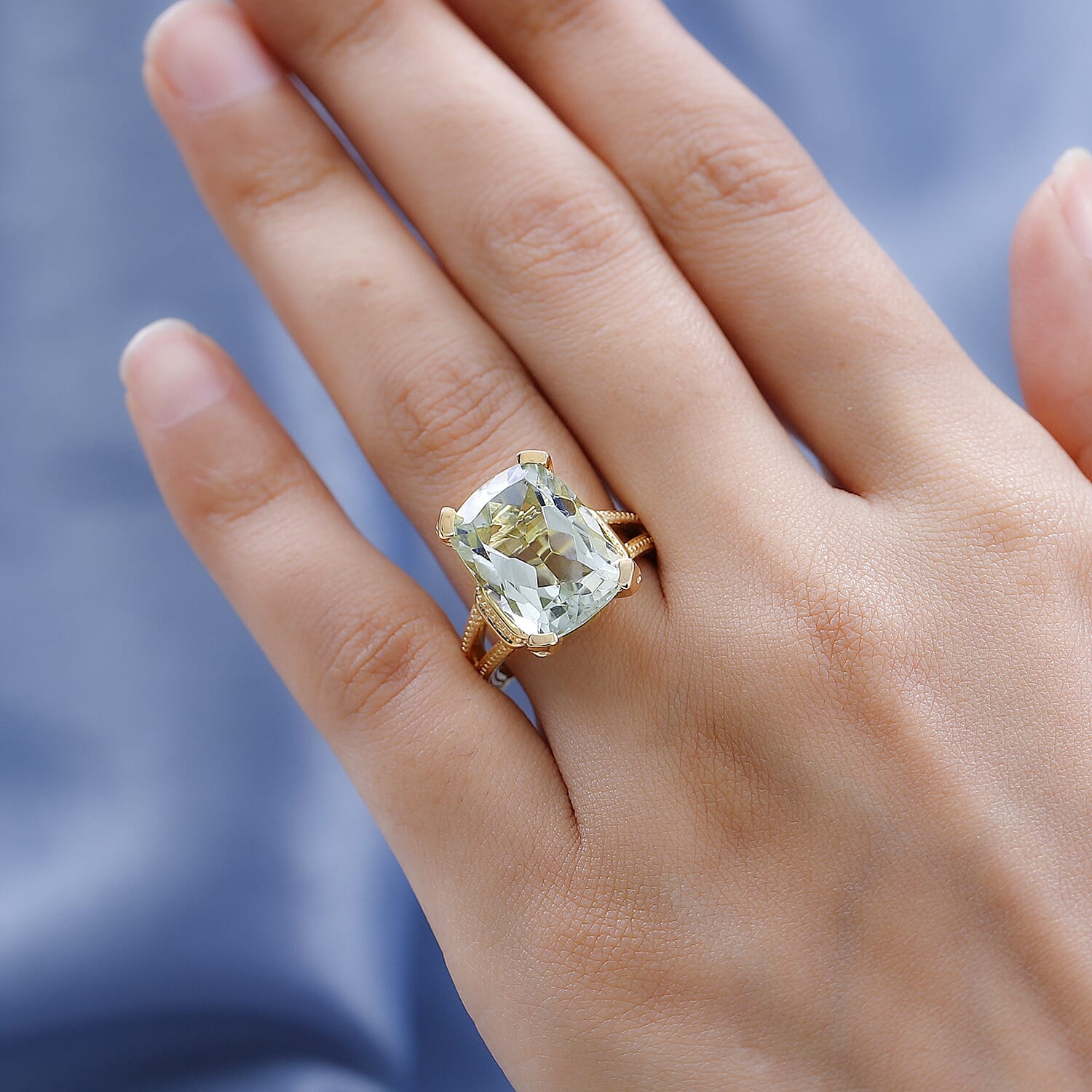 Prasiolite Ring in 18K Vermeil Yellow Gold Plated Sterling Silver 10.50 Ct, Silver Wt 5.22 Gms.