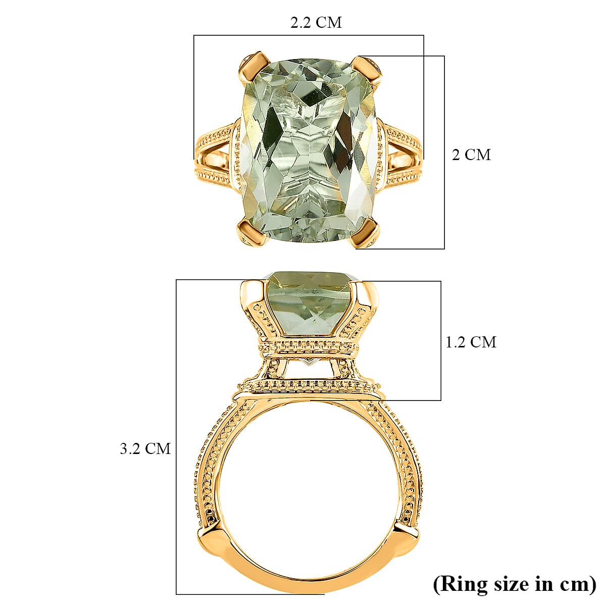 Prasiolite Ring in 18K Vermeil Yellow Gold Plated Sterling Silver 10.50 Ct, Silver Wt 5.22 Gms.