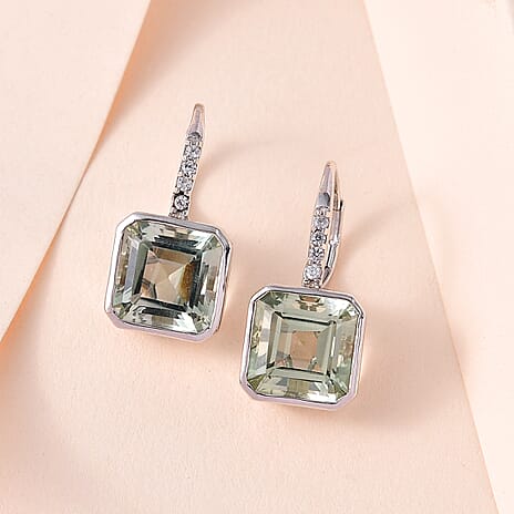 Prasiolite and Natural Zircon Earrings in Platinum Overlay Sterling Silver 9.23 Ct.