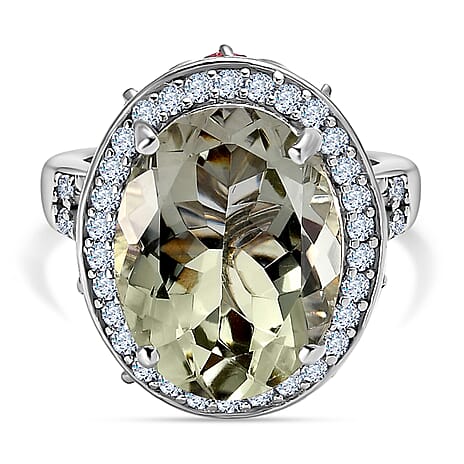 Prasiolite, Multi-Tourmaline & Natural Zircon Ring in Platinum Overlay Sterling Silver 11.38 Ct, Silver Wt. 5.26 Gms.