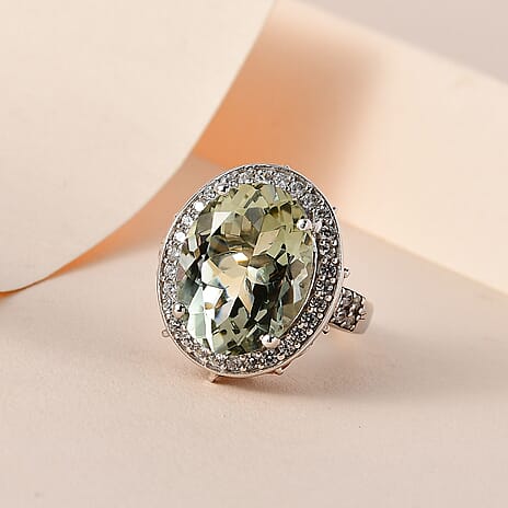 Prasiolite, Multi-Tourmaline & Natural Zircon Ring in Platinum Overlay Sterling Silver 11.38 Ct, Silver Wt. 5.26 Gms.