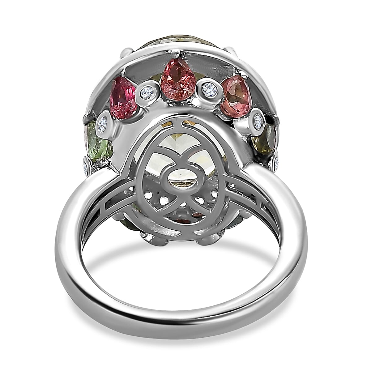 Prasiolite, Multi-Tourmaline and Natural Zircon Ring in Platinum Overlay Sterling Silver 11.38 Ct, Silver Wt. 5.48 Gms Prasiolite, Multi-Tourmaline and Natural Zircon Ring in Platinum Overlay Sterling Silver 11.38 Ct, Silver Wt. 5.48 Gms