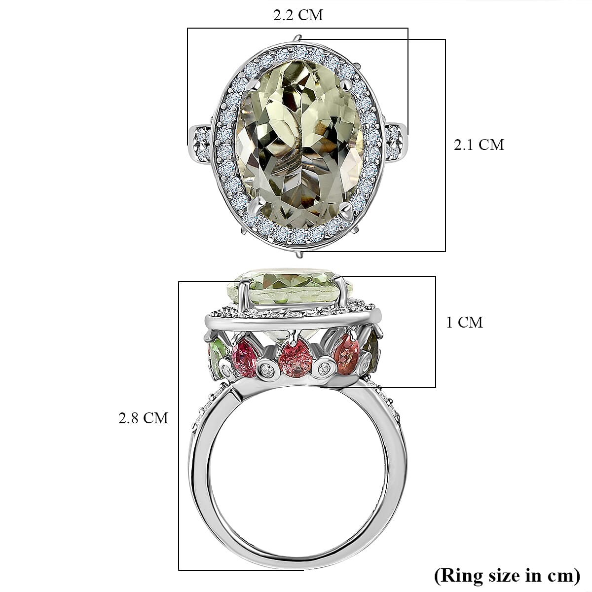 Prasiolite, Multi-Tourmaline and Natural Zircon Ring in Platinum Overlay Sterling Silver 11.38 Ct, Silver Wt. 5.48 Gms Prasiolite, Multi-Tourmaline and Natural Zircon Ring in Platinum Overlay Sterling Silver 11.38 Ct, Silver Wt. 5.48 Gms