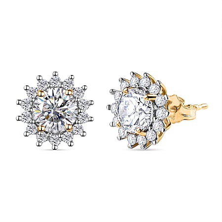 9K Yellow Gold Moissanite Halo Stud Earrings 1.90 Ct.