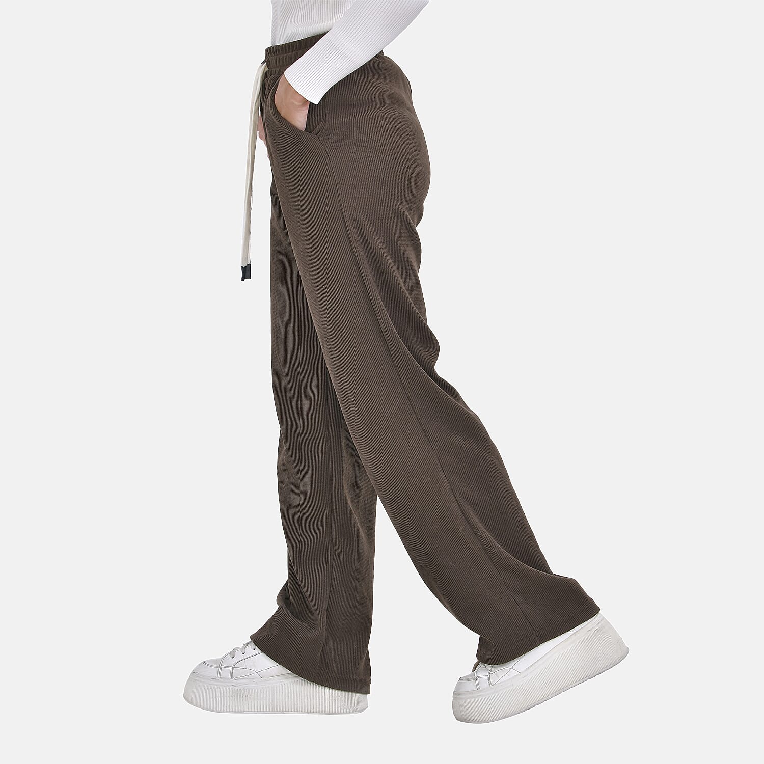 Corduroy Trousers with Elastic Waistband & Adjustable Drawstring (Size-S) - Brown