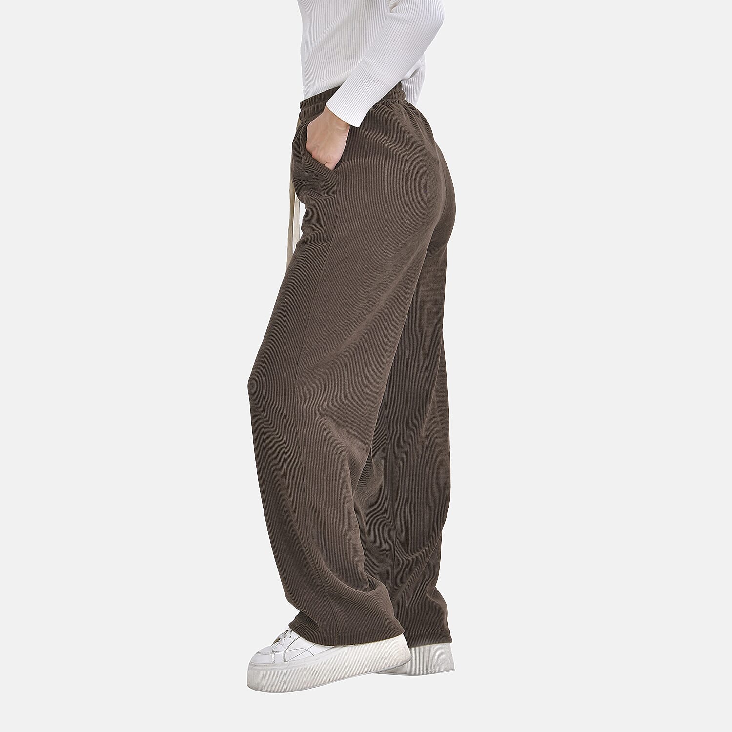 Corduroy Trousers with Elastic Waistband & Adjustable Drawstring (Size-S) - Brown