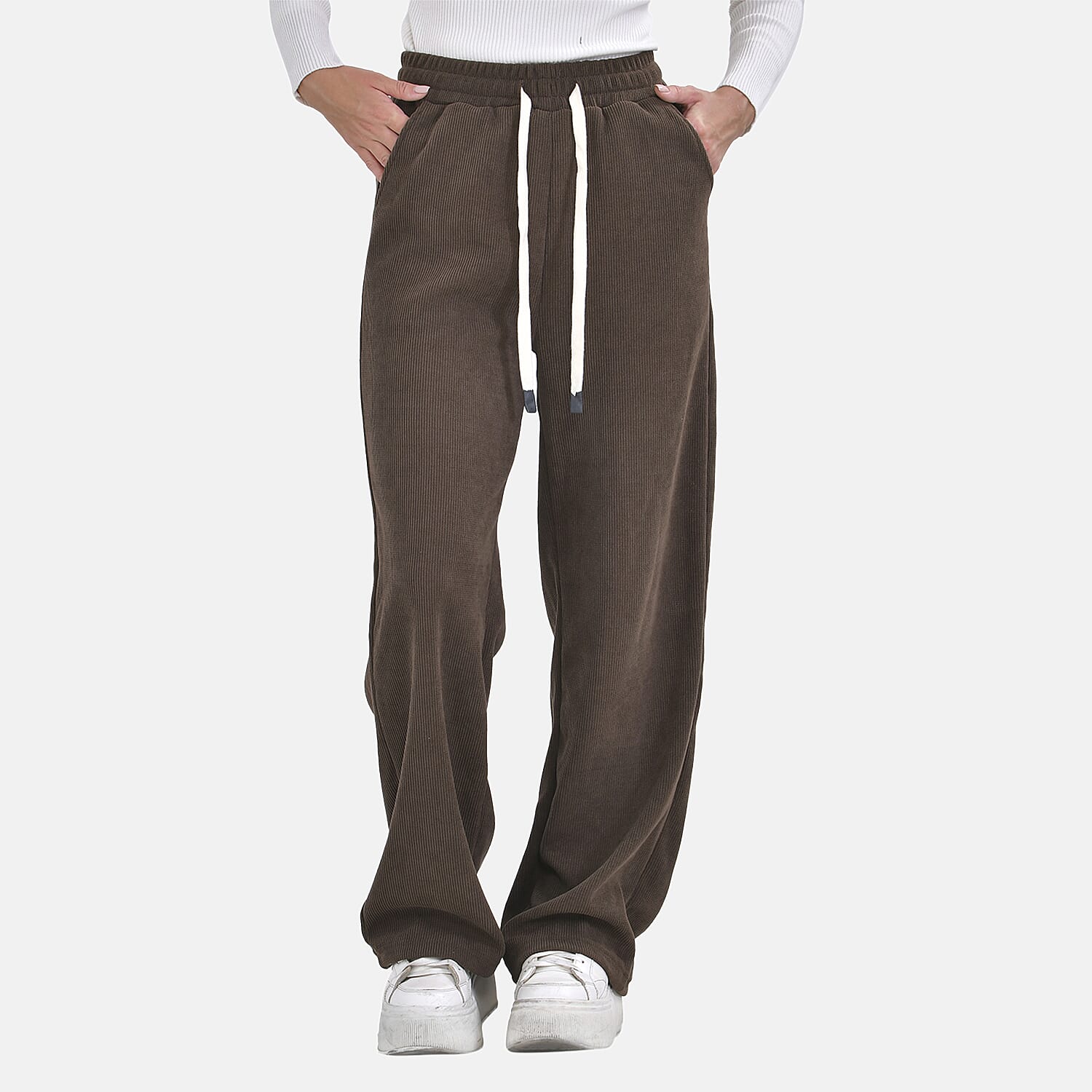 Corduroy Trousers with Elastic Waistband & Adjustable Drawstring (Size-S) - Brown